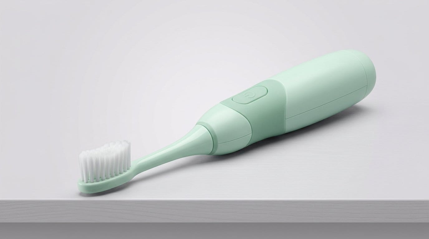 Mint green electric toothbrush with soft bristles on a white surface, featuring sensitive teeth guide art