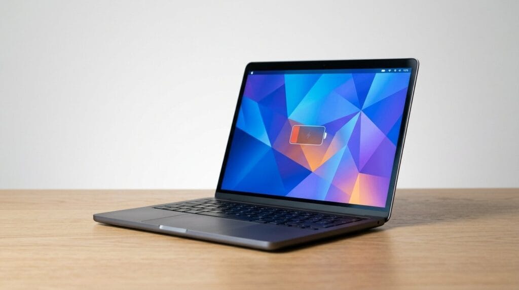Sleek modern laptop with geometric wallpaper on a wooden desk, featured in a laptop battery article