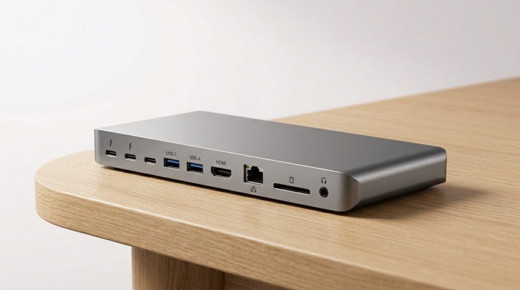 Compact silver docking station with USB, Ethernet, and card reader ports on a wooden desk.
