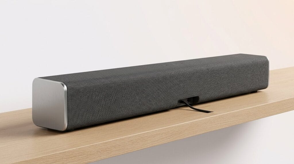Modern black soundbar on a wooden shelf against a white wall, lit by soft directional light.
