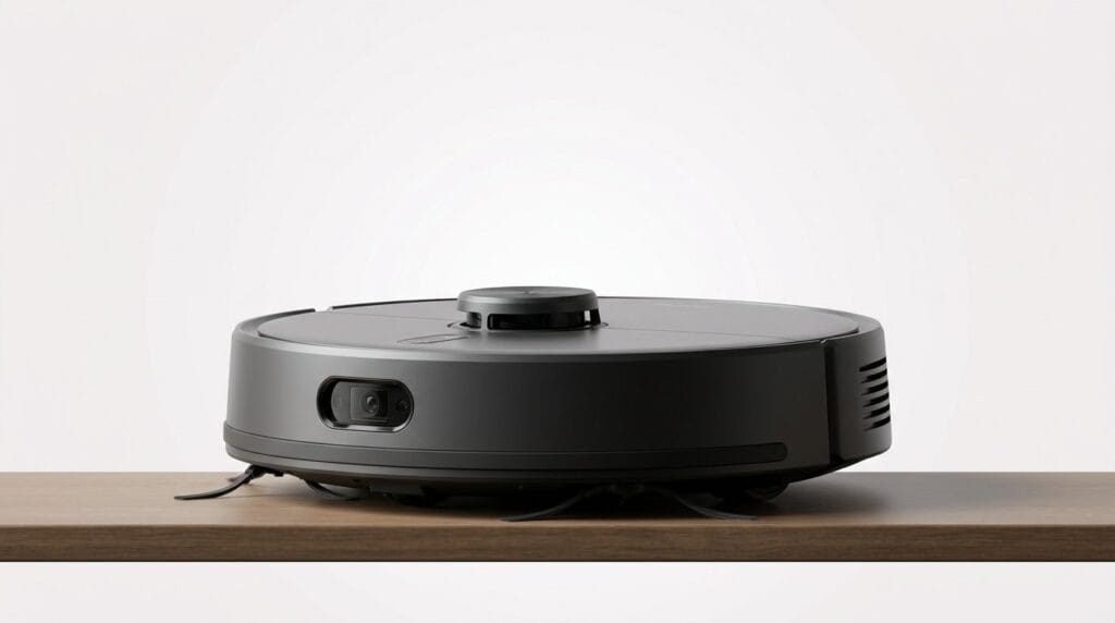Black robot vacuum cleaner on a wooden surface against a white background.