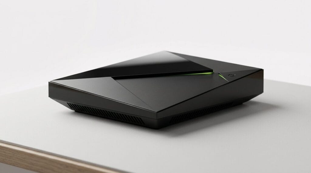 Black NVIDIA Shield TV streaming device on a white surface with soft directional light