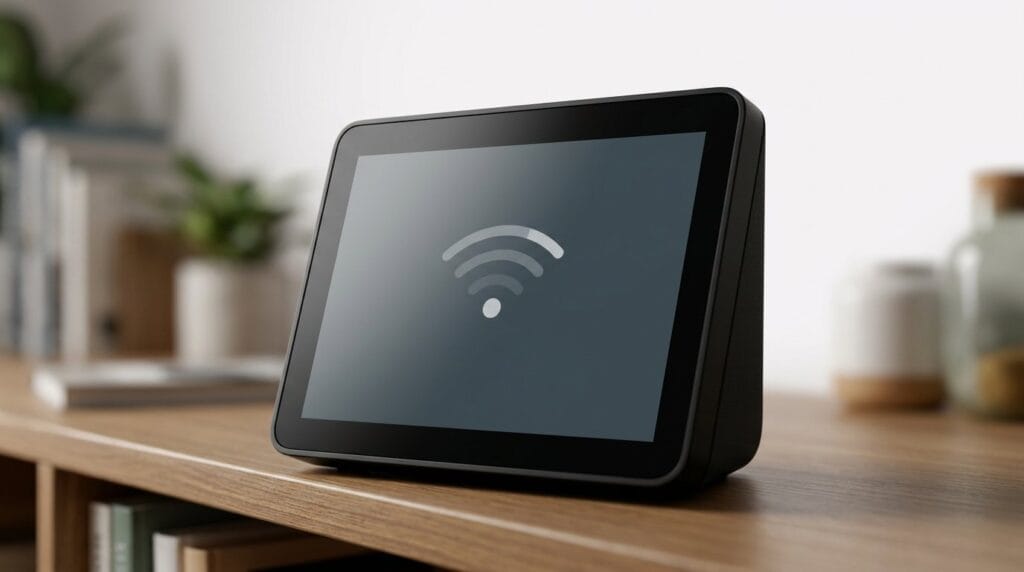 Smart home device displaying Wi-Fi connectivity on a wooden table under soft light