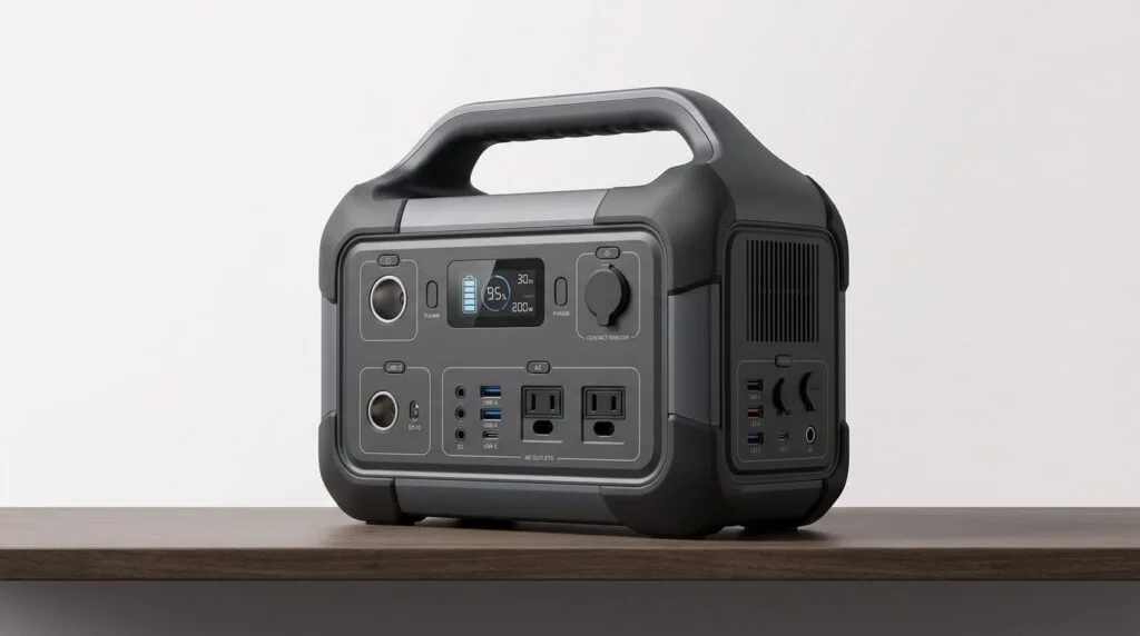 Compact portable power station with multiple output ports for camping and emergency use on a minimal surface