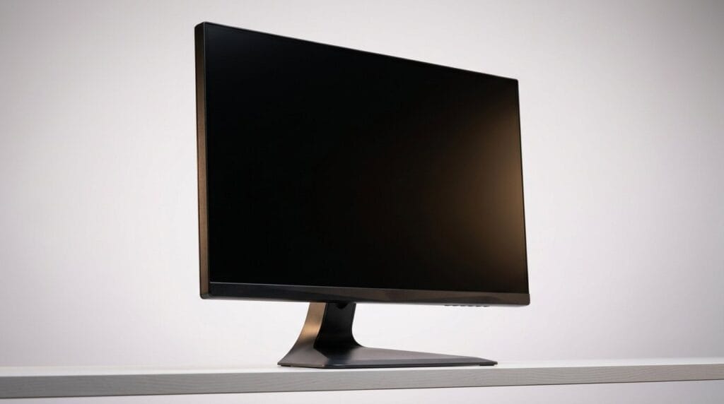 Sleek black widescreen gaming monitor on a white surface against a plain background