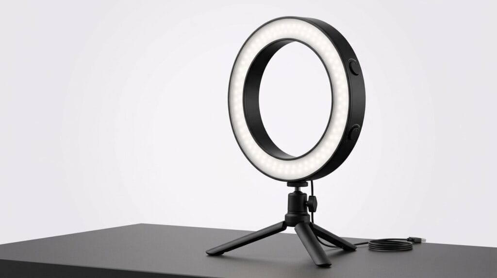 LED ring light on a tripod on a minimal surface with soft directional light