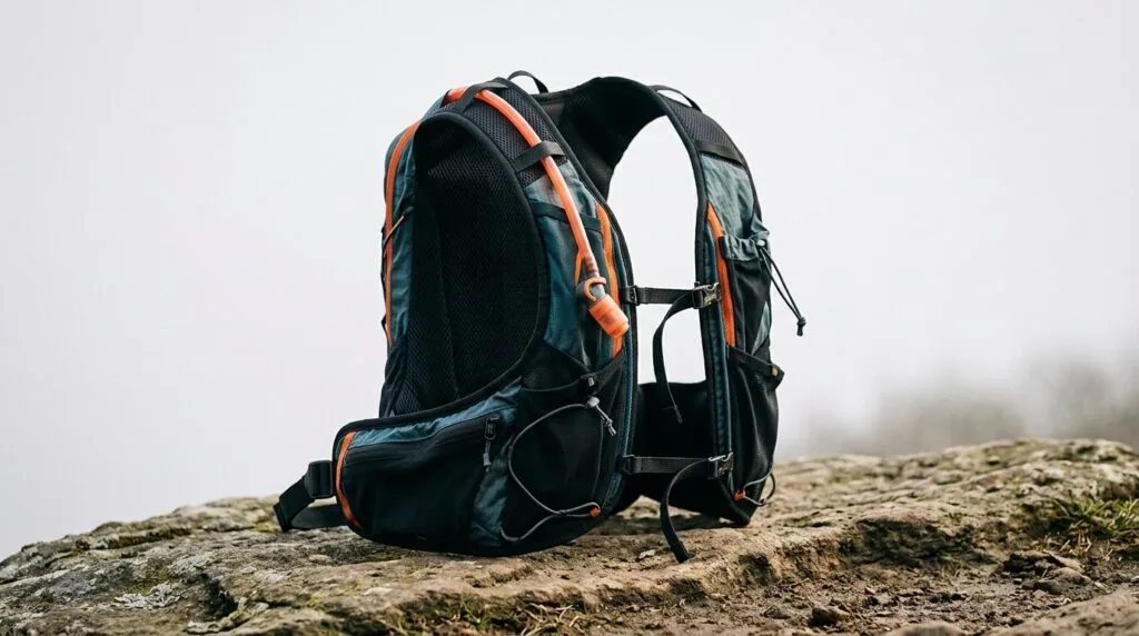 Lightweight hiking backpack on rocky trail stone outdoors, featured image for trail-running hydration packs roundup