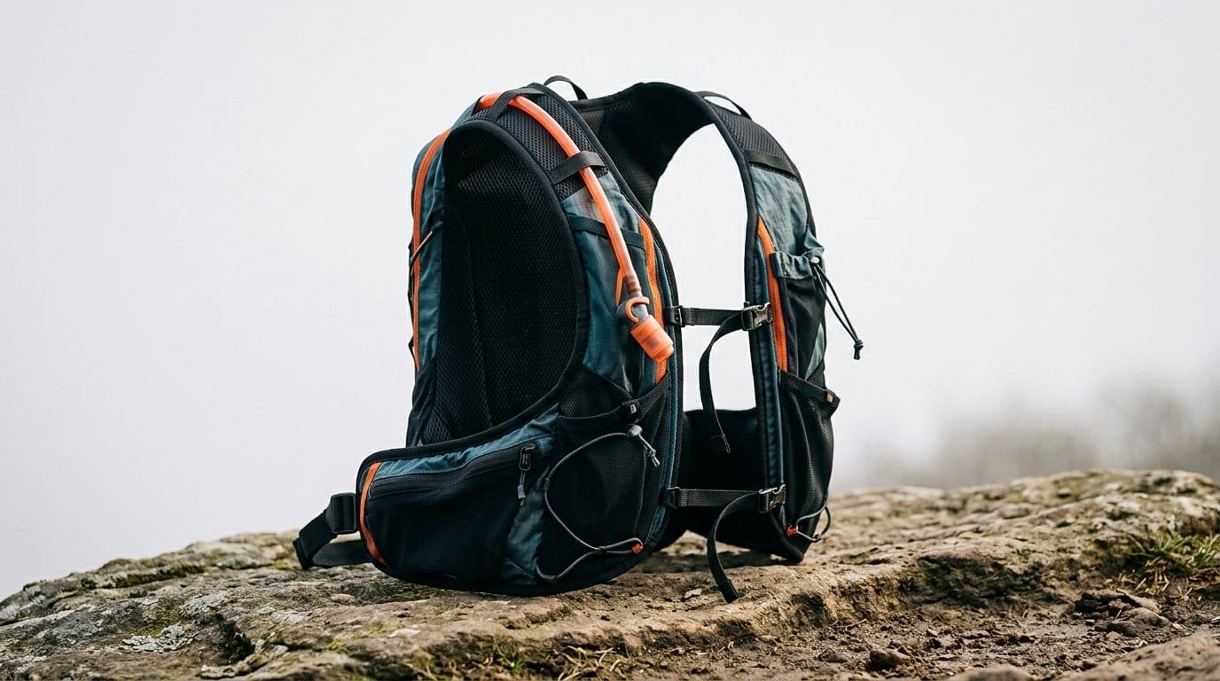 Lightweight hiking backpack on rocky trail stone outdoors, featured image for trail-running hydration packs roundup