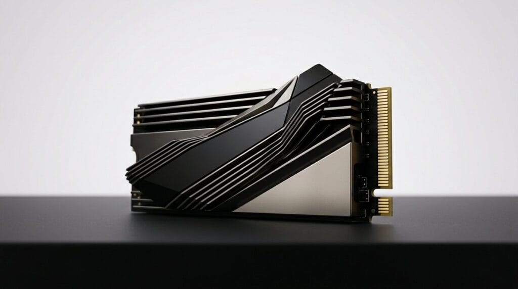 Black PCIe NVMe SSD on a reflective surface with soft directional light.