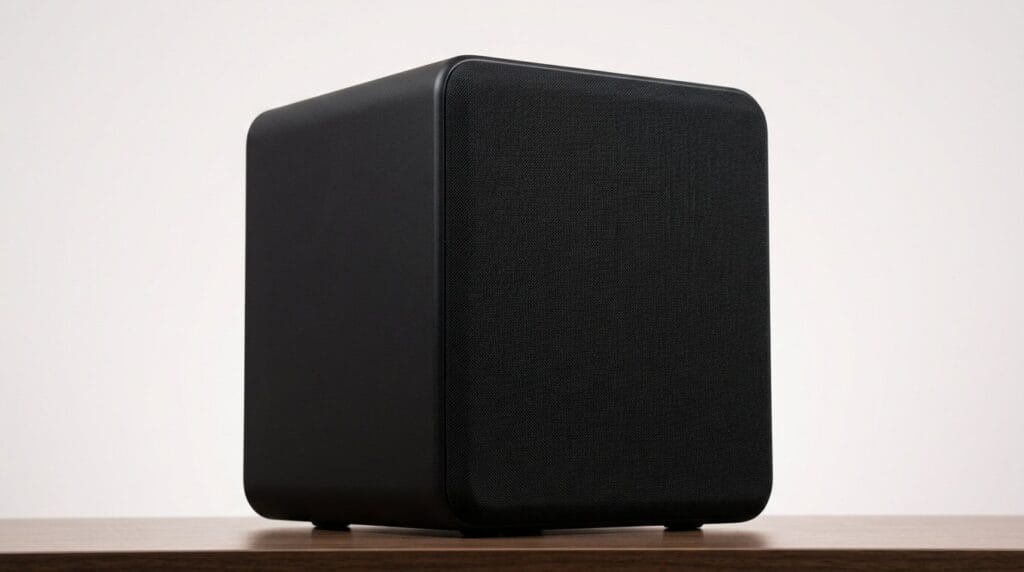 Black wireless Bluetooth speaker on a wooden surface against a white background
