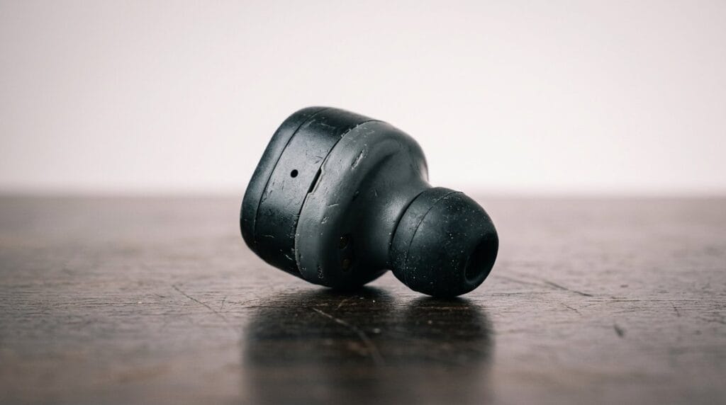 Close-up of a black wireless earbud on a wooden surface, lit by soft studio light.