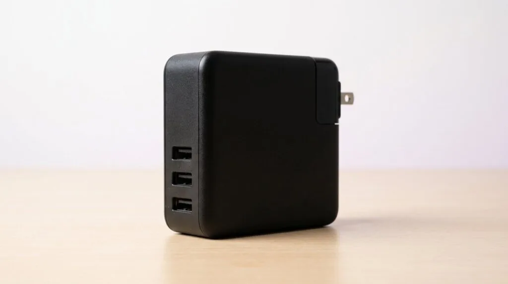 Black multi-port USB wall charger on a wooden surface with a white background.