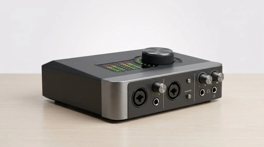 Compact audio interface with multiple input and output ports on a wooden surface.