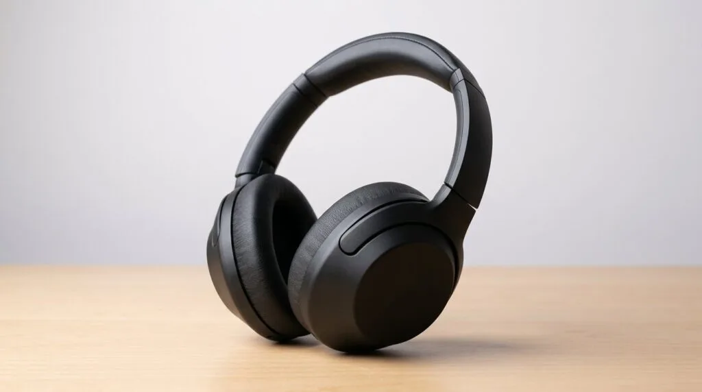 Black wireless over-ear headphones on a wooden surface with a plain background.