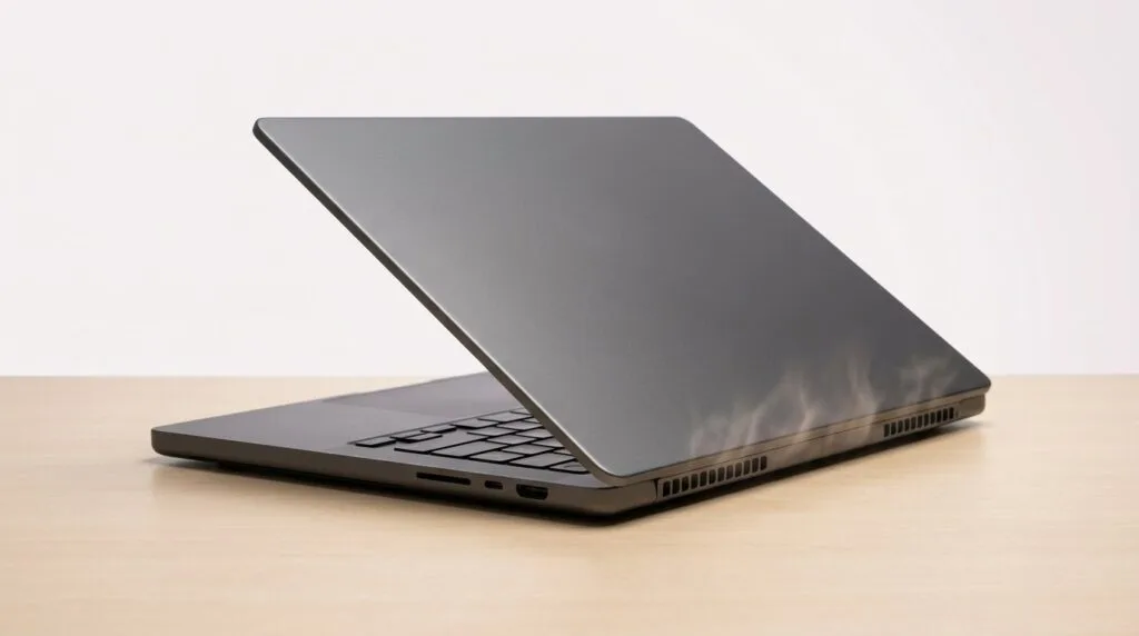 Sleek black laptop on a wooden desk with steam rising from the keyboard area