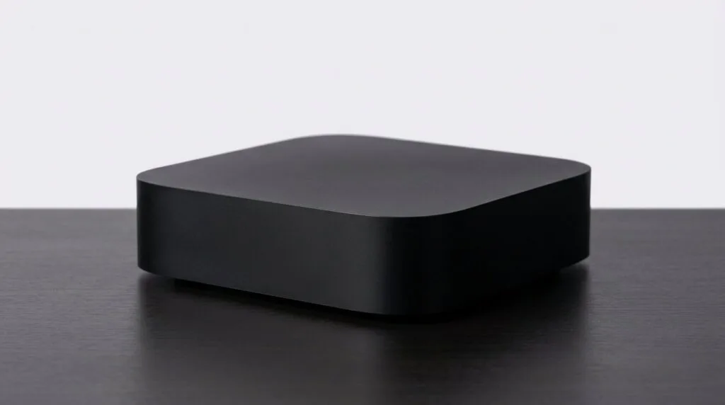 Sleek black streaming device with rounded edges on a dark surface, lit by soft directional light.