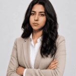 Confident businesswoman in a beige blazer and white shirt with arms crossed