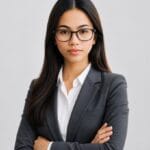 Confident woman in glasses and business suit with arms crossed