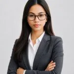 Confident woman in glasses and business suit with arms crossed