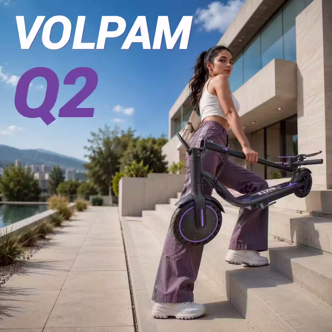 VOLPAM Q2 electric scooter carried by a woman outside a modern home.