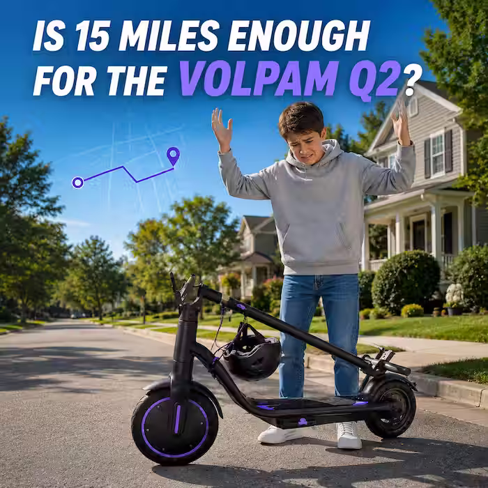 Rider frustrated beside a electric scooter while pondering whether its VOLPAM Q2 range of 15-mile range is enough